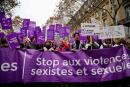 Participants walk with a banner reading 'Stop sexist and sexual violence' as they take part in a rally in Paris on November 24, 2018, marking the International Day for the Elimination of Violence against Women. / AFP / Xavier Agon