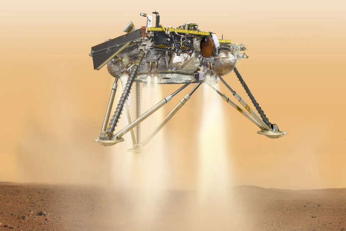 Dibujo que muestra el aterrizaje de la sonda de la misión Mars InSight.