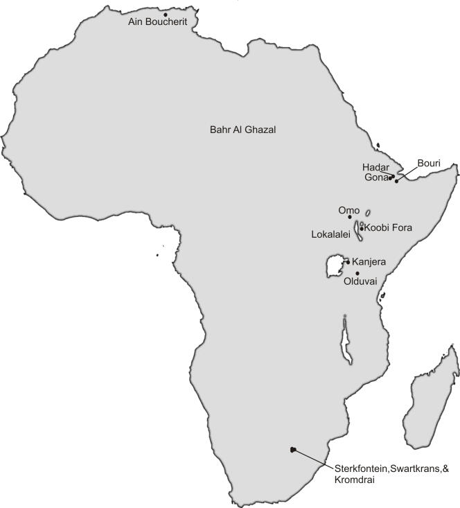Carte d’Afrique montrant le site d’Aïn Boucherit et d’autres sites où ont été trouvés des fossiles et des pierre taillées de style oldowayen.