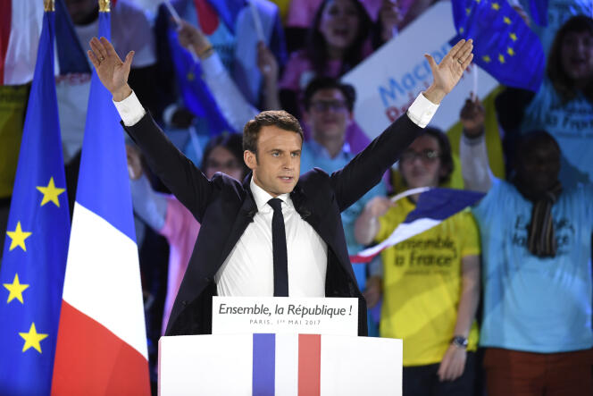 Emmanuel Macron, lors d’un rassemblement de campagne au Paris Event Centerle, le 1er mai 2017.