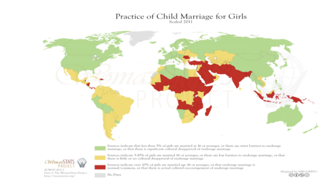 Cartographie des mariages précoces dans le monde en 2011.