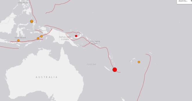 Carte de l’USGS, montant la localisation du tremblement de terre de magnitude 7,6 survenu le 5 décembre au large de la Nouvelle-Calédonie.