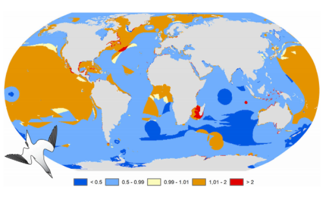 Carte de la baisse de la distribution mondiale de la consommation alimentaire des oiseaux de mer.