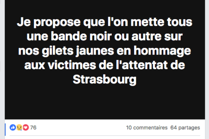Exemple de réaction à l’attentat de Strasbourg, dans le groupe Facebok « Gilets Jaunes Alsace Secteur WASSELONNE - MARMOUTIER », mercredi 12 décembre.