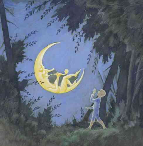 « L’iconographie du bonhomme de la Lune se répand au XXe siècle, à la suite du film de Georges Méliès : “Le Voyage dans la Lune” (1902). La personnification débonnaire de la Lune dans l’illustration de “L’Oiseau d’or” permet d’atténuer l’angoisse véhiculée par l’image de la nuit et de la forêt obscure. Rudolf Koivu excelle à restituer dans ses illustrations les motifs symbolistes qui s’étaient initialement inspirés de l’univers merveilleux et inquiétant du conte. »