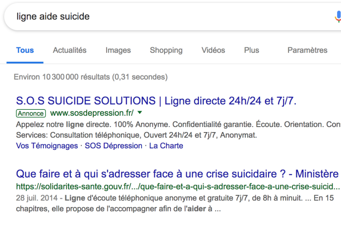 Exemple de résultat sur la recherche Google « Ligne aide suicide », le 21 décembre.