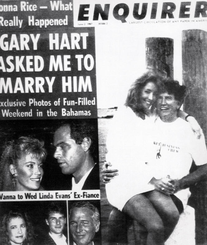 Gary Hart et sa maîtresse Donna Rice, en « une » du « National Enquirer » du 2 juin 1987.