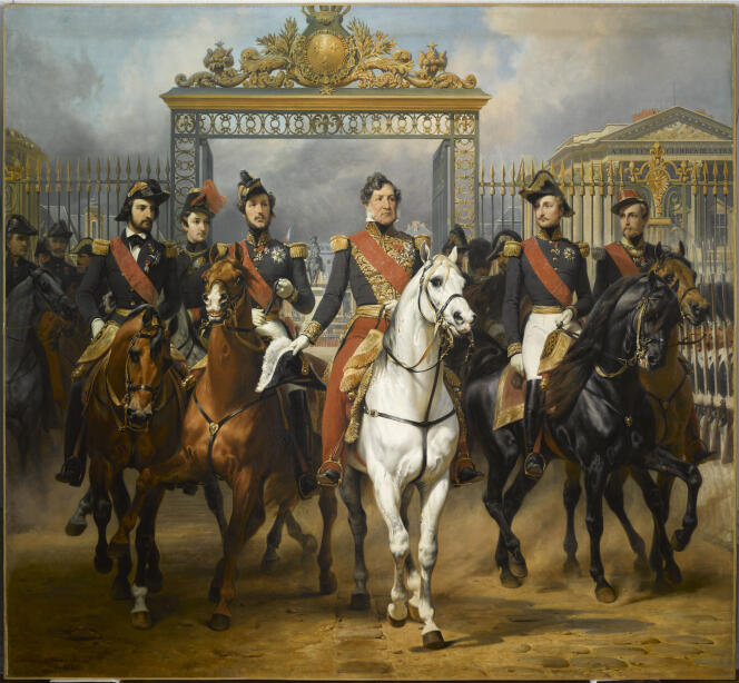 Le roi Louis-Philippe, entouré de ses cinq fils, sortant par la grille d’honneur du château de Versailles après avoir passé une revue militaire dans les cours, le 10 juin 1837, tableau peint en 1846 par Horace Vernet (1789-1863).