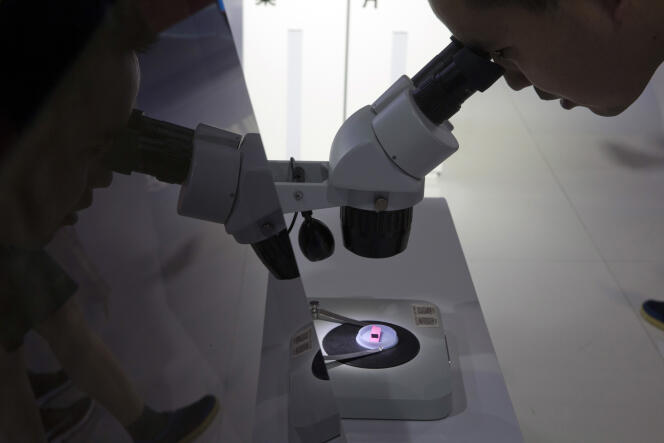 Un visiteur du 21e Salon international high-tech de Pékin observe, à travers un microscope, une puce électronique de la société chinoise Tsinghua Unigroup, en mai 2018.