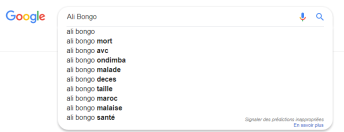 Suggestions de Google pour la recherche « Ali Bongo », le 9 janvier 2018.