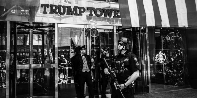 Outside Trump Tower in midtown Manhattan, on July 4th, 2017. *** Local Caption *** n/b  Trump Donald Trump Trump Tower NYC Manhattan American flag American flag building midtown Independence Day July 4th security police NYPD BW B+W B&W black and white