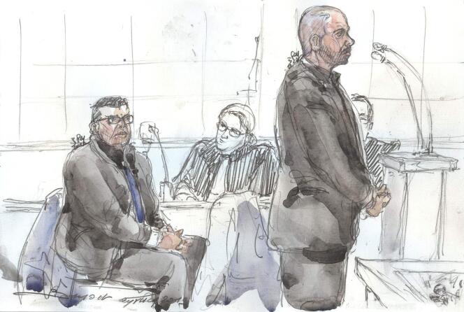 Croquis d’audience représentant Antoine Quirin et Nicolas Redouane lors de leur comparution devant la cour d’assises de Paris, le 14 janvier.