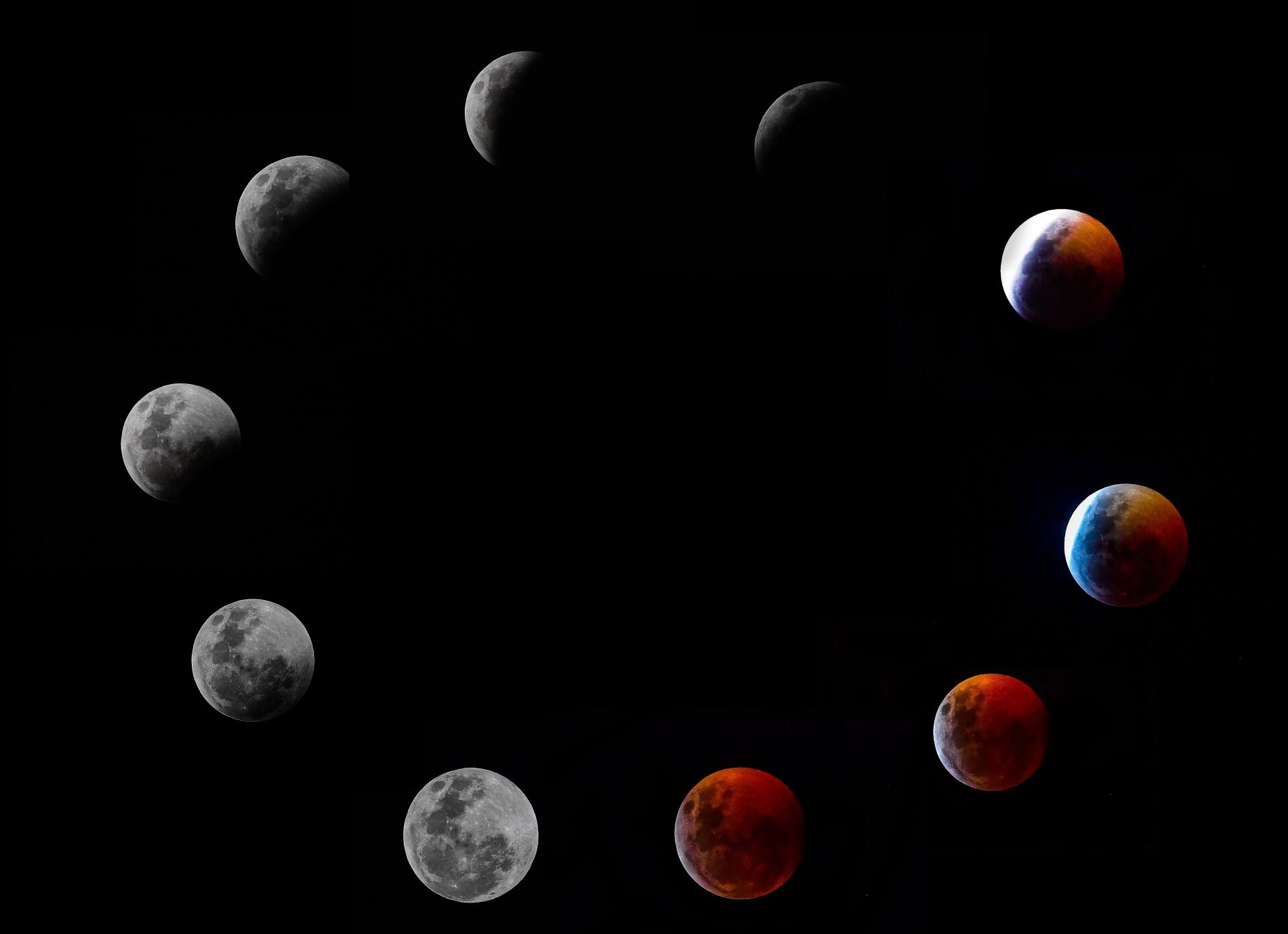 Les différentes phases de l’éclipse totale de la Lune, dans la nuit de dimanche à lundi.