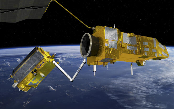 Vue d’artiste d’un remorqueur imaginé par l’ESA et destiné à désorbiter des satellites en fin de vie.