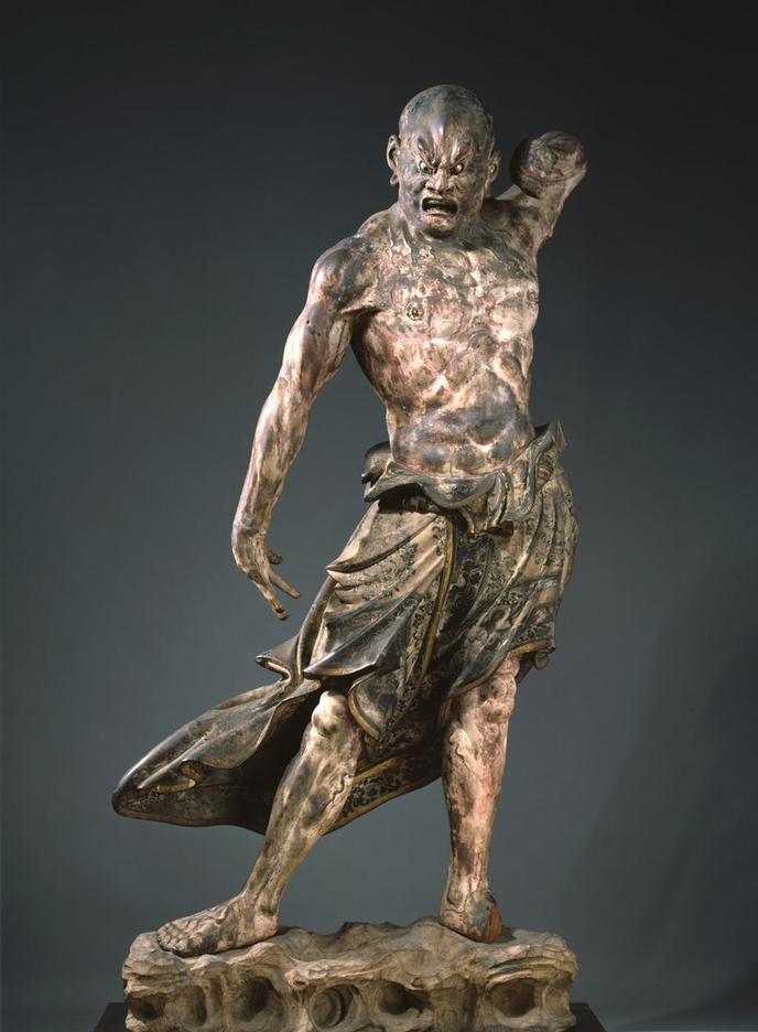 Statue en bois du « kongo rikishi » (« agyo » ou à bouche ouverte).