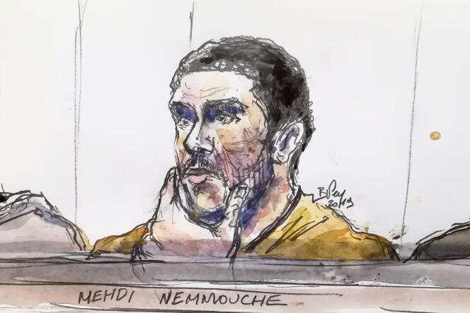 Croquis d’audience du procès de Mehdi Nemmouche, réalisé le 10 janvier à Bruxelles.