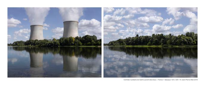 Centrale nucléaire de Saint-Laurent-des Eaux: à gauche une photo « normale », un enregistrement d’un paysage avec la centrale. A droite : une photo « fictionnelle », retravaillée numériquement, pour illustrer l’idée : « à quoi ressemblerait ce même paysage sans la centrale ».