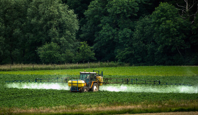 Un agriculteur pulvérise des pesticides sur ses cultures, à Bailleul, dans le nord de la France, le 15 juin 2015.