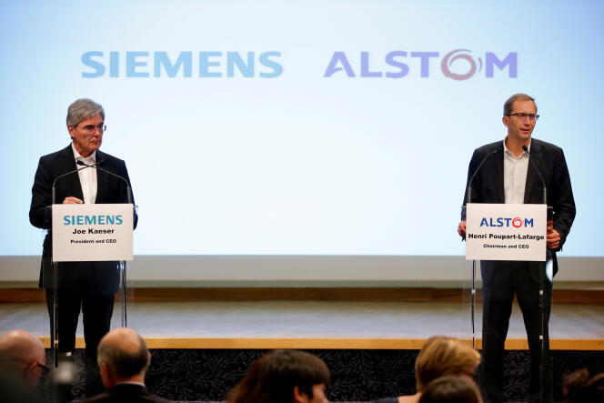 Le PDG de Siemens, Joe Kaeser, et celui d’Alstom, Henri Poupart-Lafarge, à Paris, en septembre 2017.