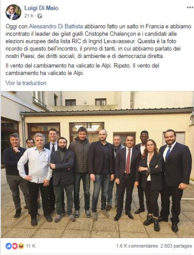 L’annonce par Luigi di Maio sur son compte Facebook de sa rencontre avec des « gilets jaunes », à Montargis (Loiret) le 5 février.