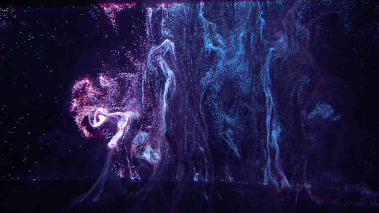 « Le duo d’artistes Evelina Domnitch et Dmitry Gelfand travaillent autant dans les laboratoires de recherches scientifiques que dans les musées d’art contemporain. Pour l’exposition, ils présentent deux œuvres qui utilisent l’eau pour simuler des phénomènes gazeux dans le domaine de l’astrophysique. “Hydrogeny” est un aquarium dans lequel un univers aqueux est mis en mouvement par une hydrolyse. Les bulles d’oxygène balayées par un laser diffractent le spectre lumineux et créent des profondeurs qui mettent en jeu les échelles des infinis. »