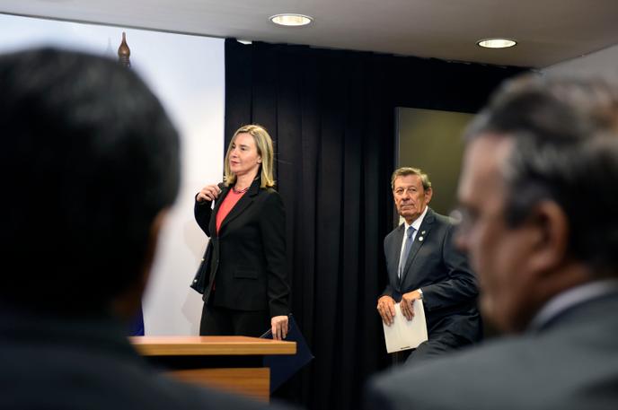 La représentante de la diplomatie européenne, Federica Mogherini, et son homologue uruguayen Rodolfo Nin, le 7 février à Montevideo.