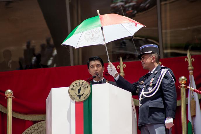 Le nouveau président malgache Andry Rajoelina prend la parole lors de son investiture, à Antananarivo, le 19 janvier 2019.