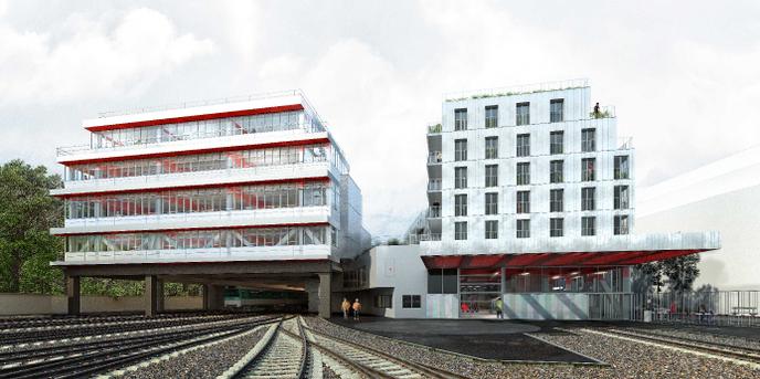 The future electronic equipment maintenance workshop (on the left) and social housing (on the right), seen from the metro maintenance tracks.