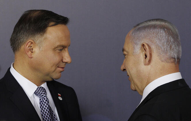 Andrzej Duda, le président polonais, et Benyamin Nétanyahou, le premier ministre israélien, à Varsovie, le 13 février.