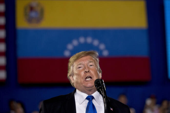 Donald Trump s’adressant à la communauté américaine vénézuélienne lors d’un meeting en Floride, le 18 février 2019.