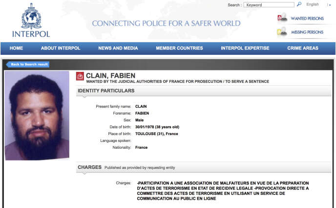 La fiche de recherche de Fabien Clain diffusée en 2016 par Interpol.