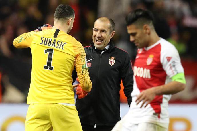 Danijel Subasic, לאונרדו Jardim ו Radamel Falcao לאחר ניצחון של מונאקו נגד ליון, 24 פברואר 2019.