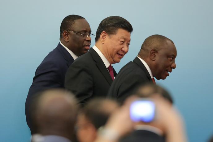 De gauche à droite : les présidents Macky Sall (Sénégal), Xi Jinping (Chine) et Cyril Ramaphosa (Afrique du Sud), lors du forum Chine-Afrique, à Pékin, le 4 septembre 2018.