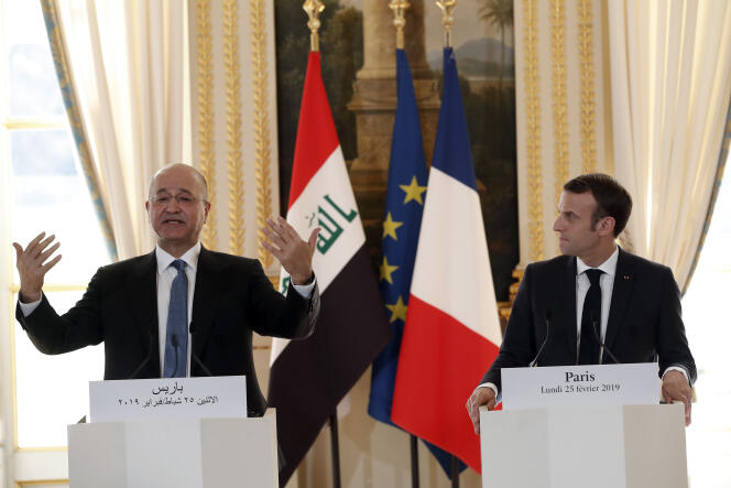 Barham Saleh, le président irakien, avec Emmanuel Macron, à l’Elysée, le 25 février.