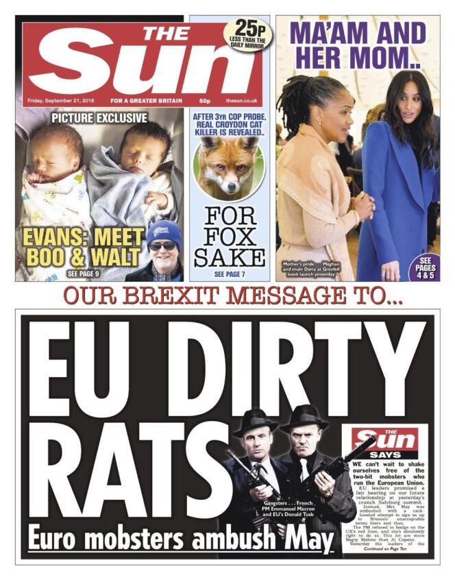 « Les sales rats de l’UE : les euro-truands tendent une embuscade à May » en « une » du « Sun », le 21 septembre.