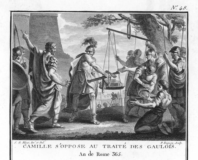 Camille (Marcus Furius Camillus), consul romain, s’opposant au traité avec les Gaulois (390 av. J.-C.). Gravure de Mirys (1742-1810).