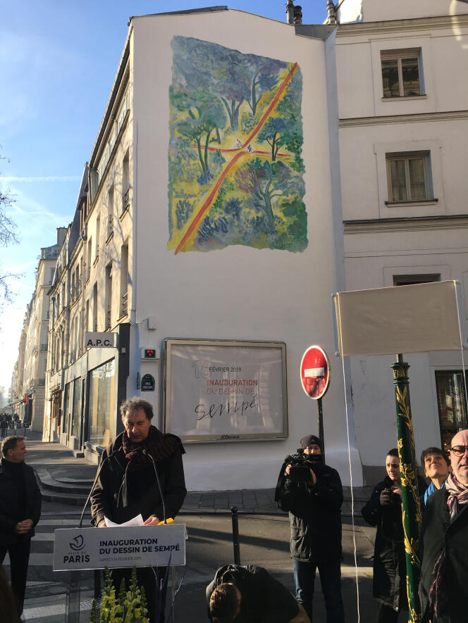 Le samedi 16 février, à l’inauguration d’une fresque de Sempé, à Paris, en présence de François Morel.