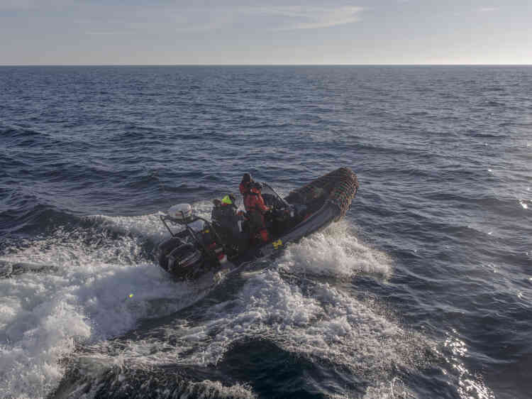 L’un des deux canots pneumatiques du « Sam Simon » part surveiller un chalutier qui a capturé un dauphin. Les pêcheurs jettent les dauphins morts par-dessus bord.
