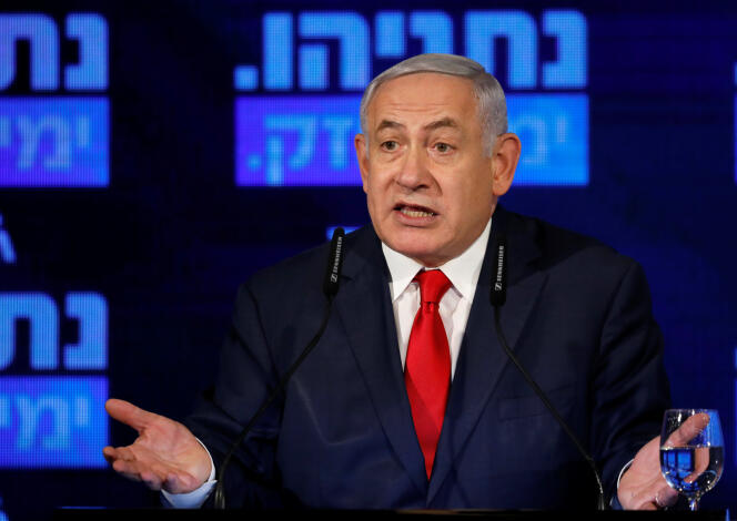 Le premier ministre israélien Benyamin Nétanyahou lors de son discours d’entrée en campagne du Likoud pour les législatives du 9 avril, le 4 mars à Ramat Gan (Israël).