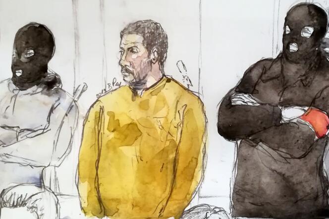 Un croquis judiciaire, réalisé le 10 janvier 2019, montrant Mehdi Nemmouche lors de son procès à Bruxelles, en Belgique.