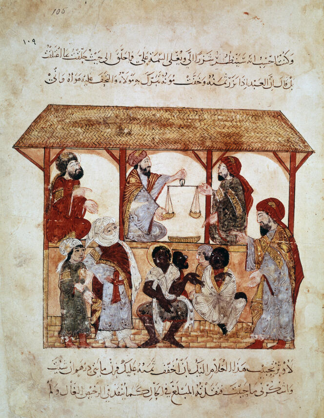Marché aux esclaves au Yémen. Miniature du XIIIe siècle.