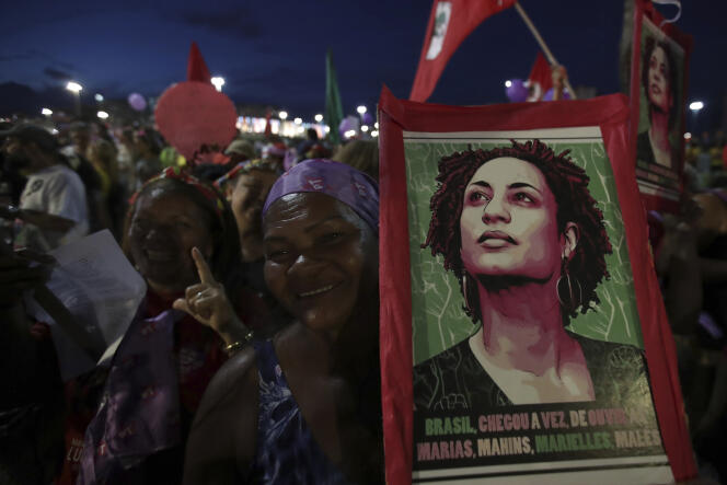 Un portrait de Marielle Franco lors de la marche pour la défense des droits des femmes, à Brasilia, le 8 mars.