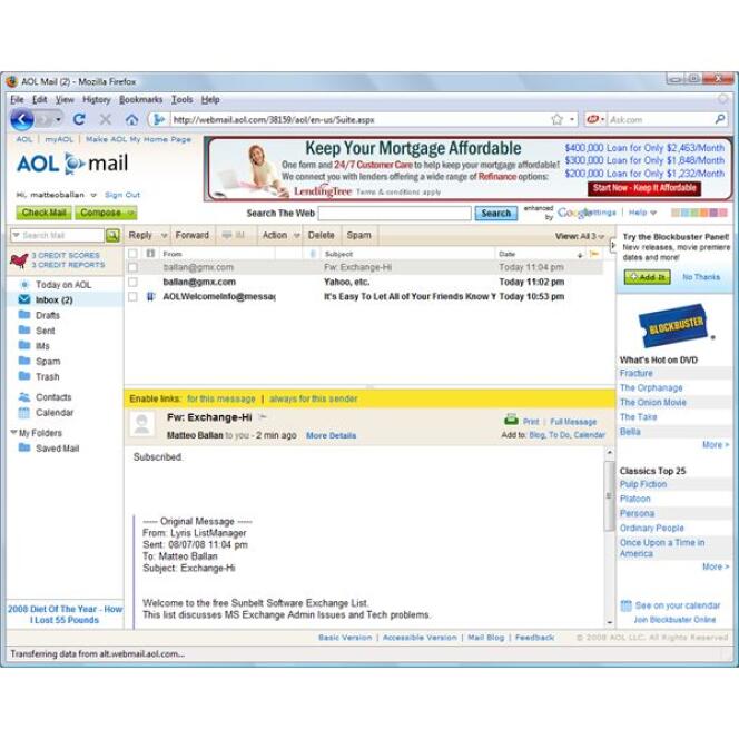 AOL Mail est accessible depuis un navigateur Mozilla. Dès la fin des années 1990, le Web se fait le portail des autres services Internet.