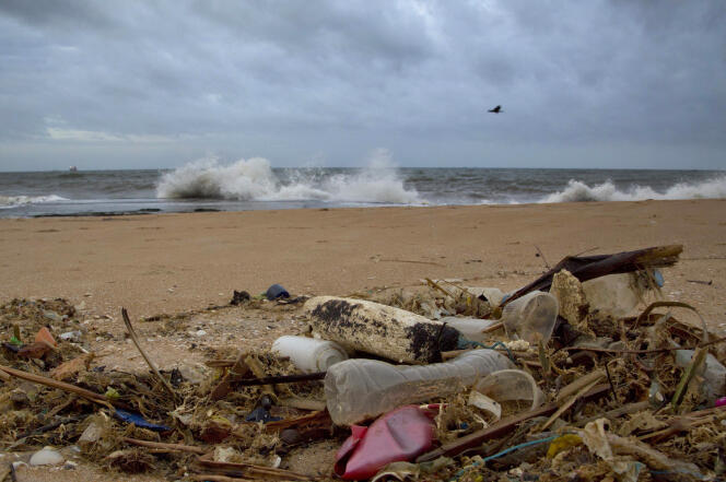Déchets en plastique, parmi d’autres débris rejetés par la mer, au nord de Colombo, sur une plage du Sri Lanka.