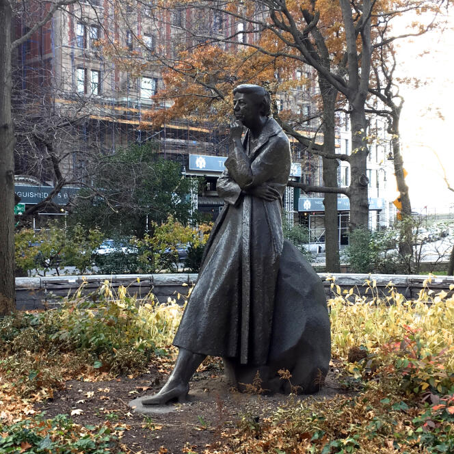 La statue représentant Eleanor Roosevelt, dans le parc Riverside à New York, en 2017.