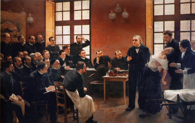 Crise hystérique présentée par Charcot à la Salpêtrière. Peinture d’André Brouillet (1887).