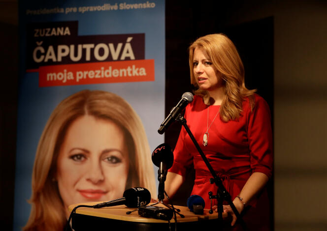 La candidate à la présidentielle slovaque, Zuzana Caputova, à son QG de campagne, à Bratislava, le 16 mars.