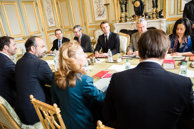 Emmanuel Macron lors de la réunion convoquée lundi 18 mars 2019 à l’Elysée après les violences lors de la dernière manifestation des « gilets jaunes ».
