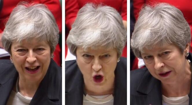 Montage photo montrant la première ministre britannique, Theresa May, à la tribune de Parlement de Westminster lors de la séance du 20 mars.