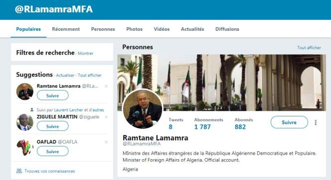 Le faux compte Twitter du ministre algérien des affaires étrangères, Ramtane Lamamra.